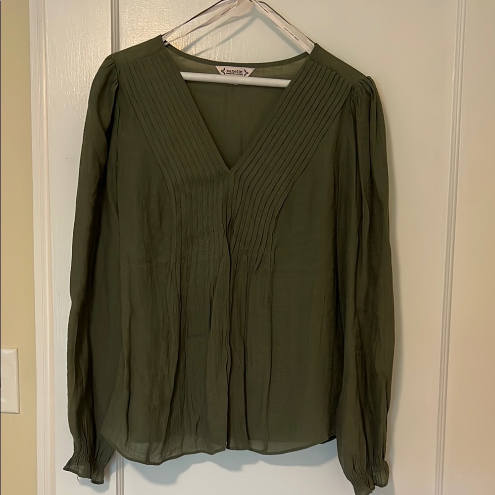 Nanette Lepore Green Pleated Puff Sleeve Blouse
